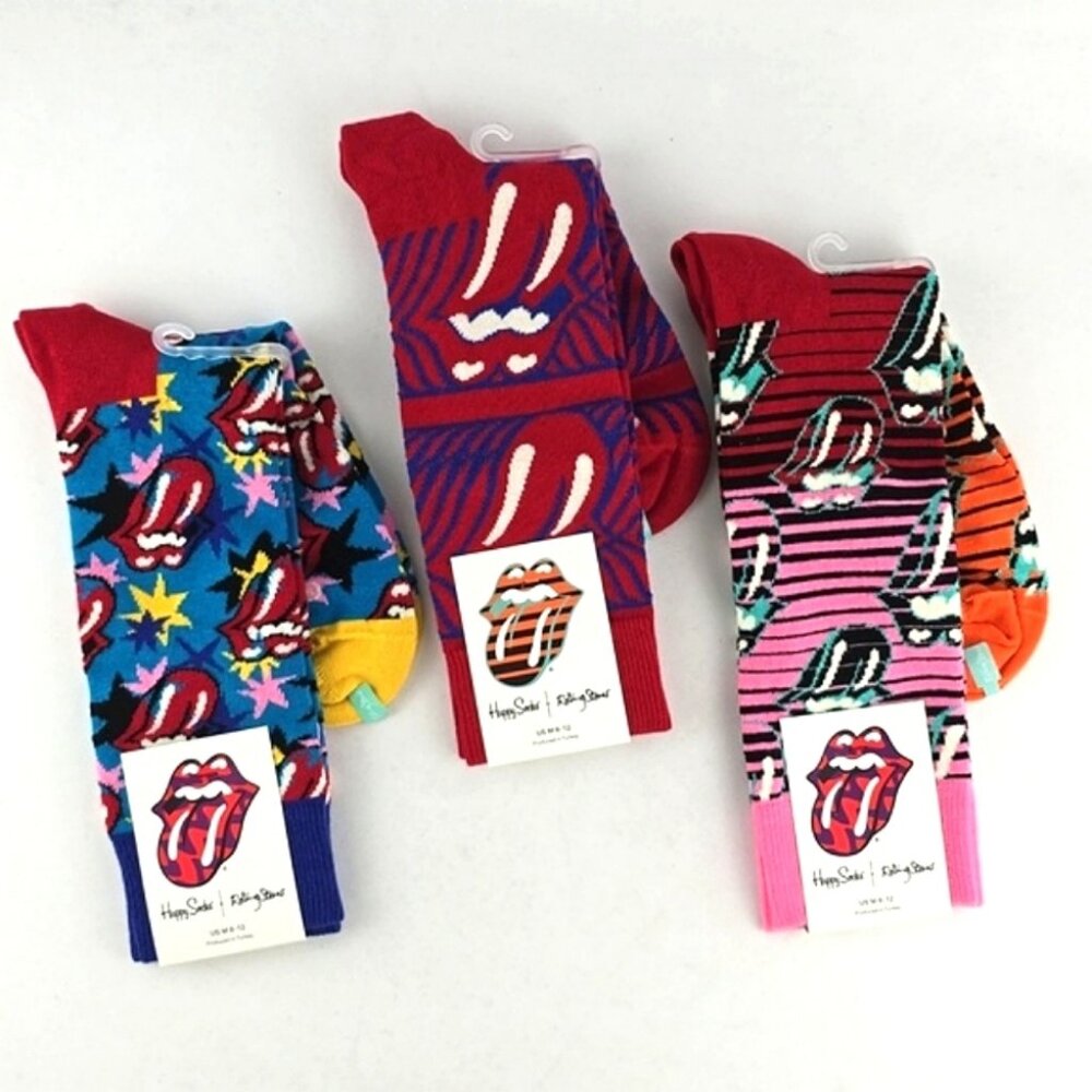 NWT Happy Socks x Rolling Stones Men's 3 Pairs Combed Cotton Blend Socks Sz 8-12
